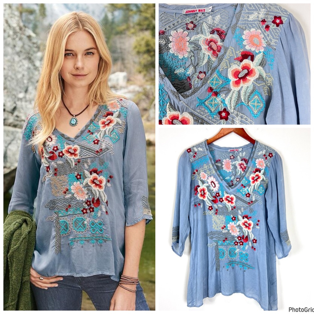 Johnny Was Three quarter Sleeve V-neck Embroidered Top Small